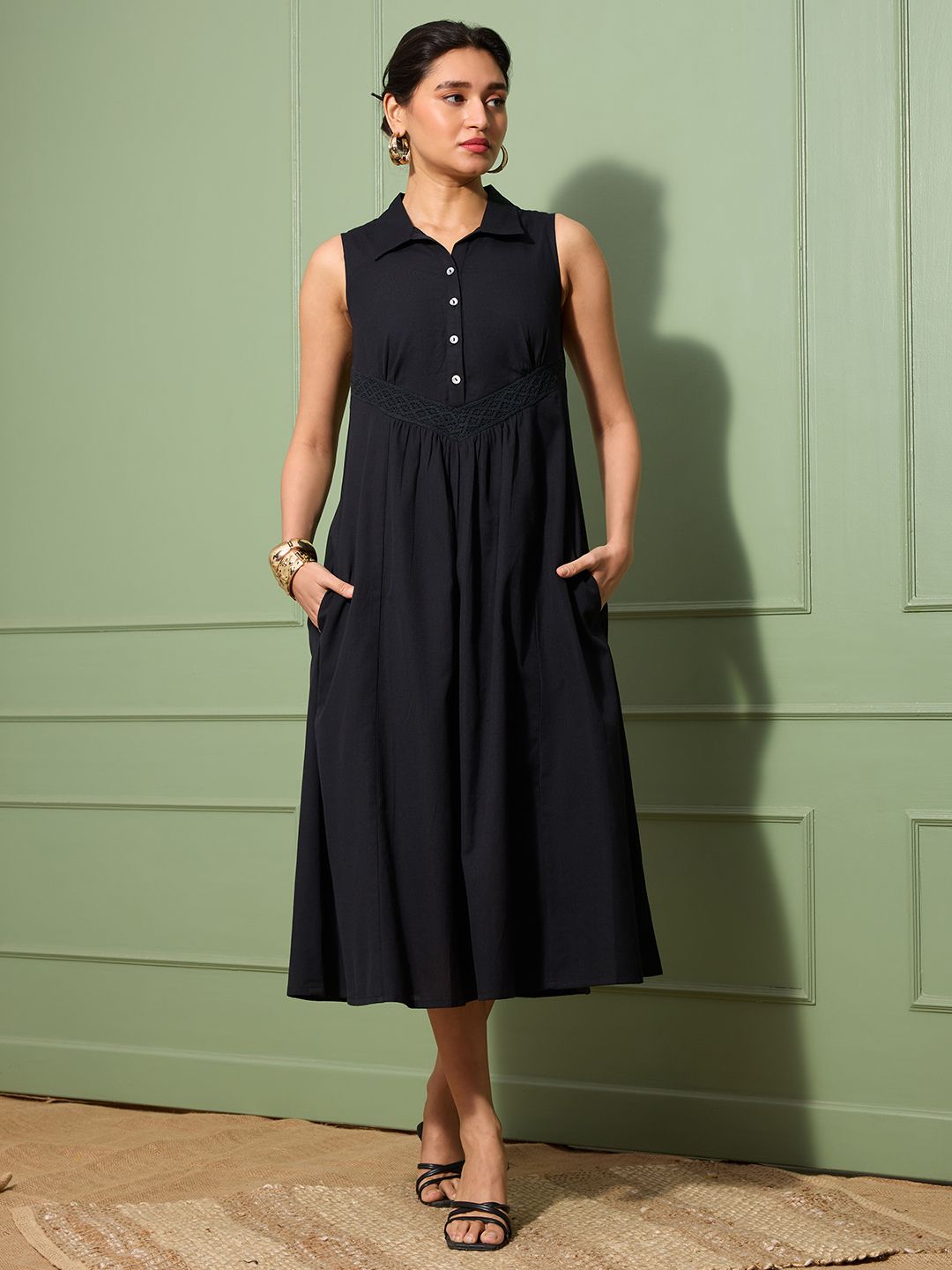 Black Sleeveless Cotton Linen Dress with Collar & Lace Panel