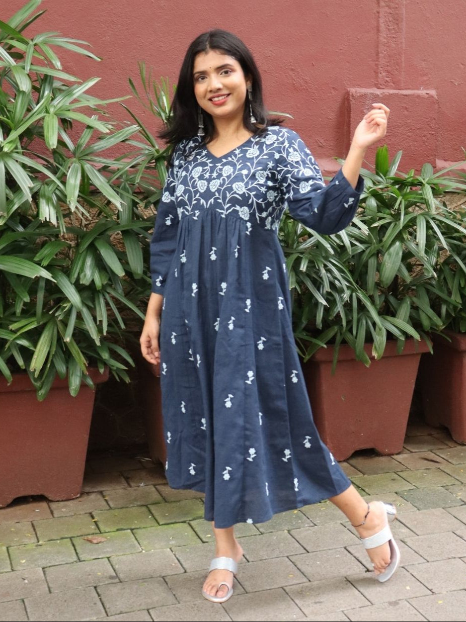 Navy Blue Boho Embroidered Midi Dress
