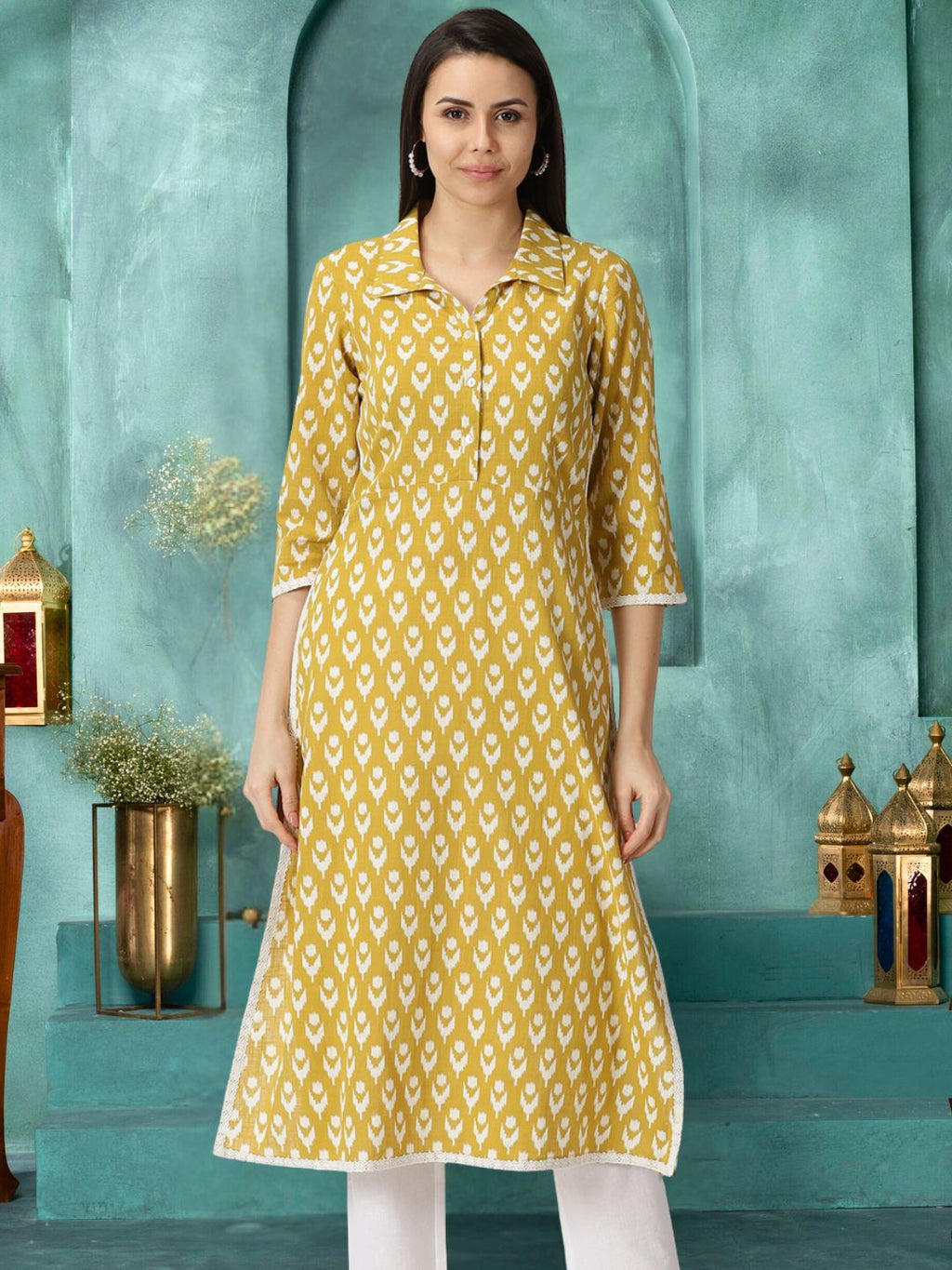 Mustard Ikat Print Cotton Shirt Collar Kurta