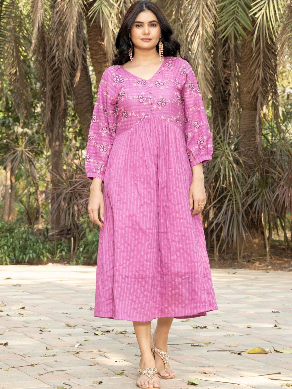 Pink Cotton Boho Dress with Floral Embroidery