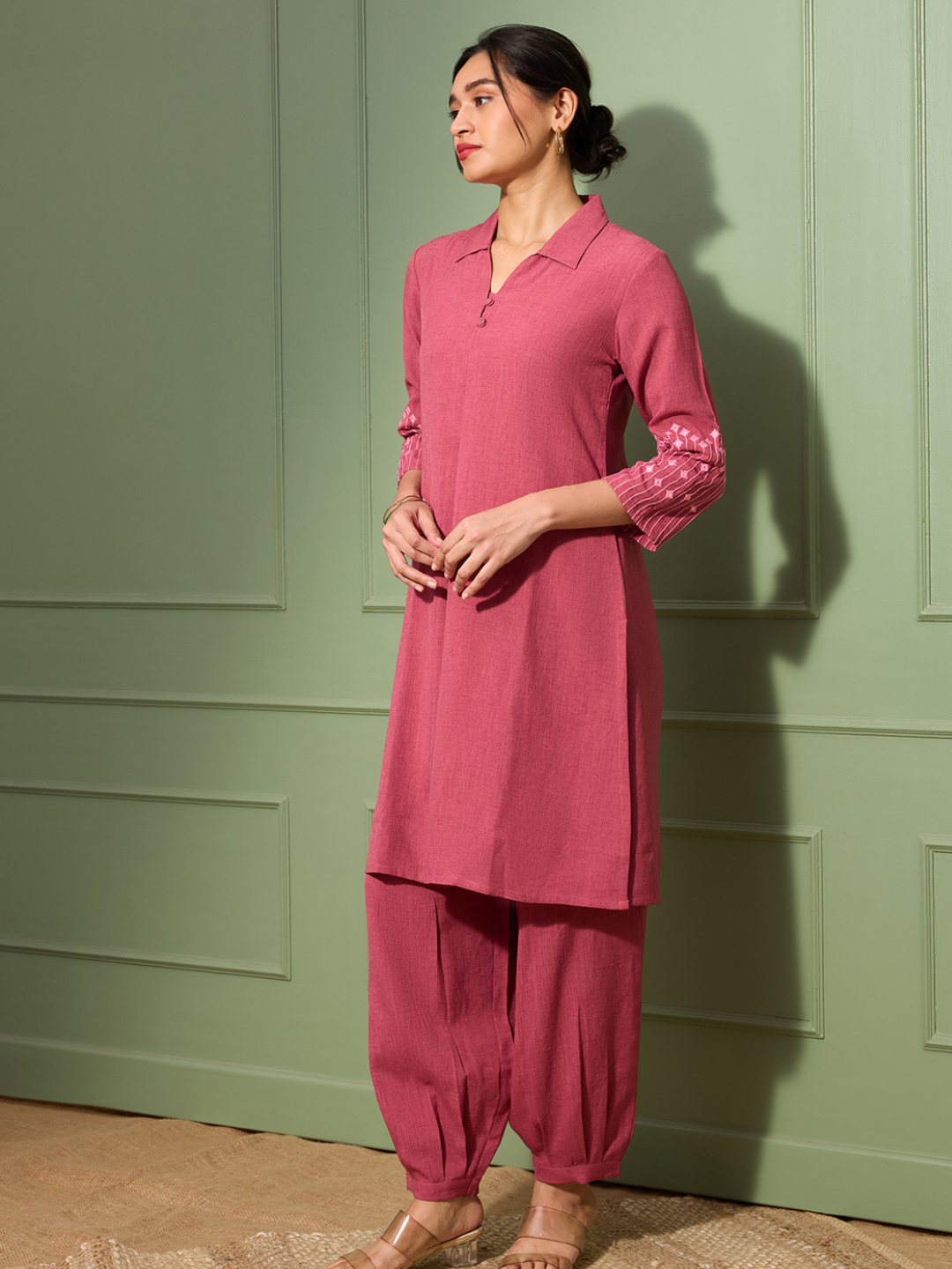 Blush Pink Embroidered Kurta Set with Pleated Pants for Women | Saffron Threads