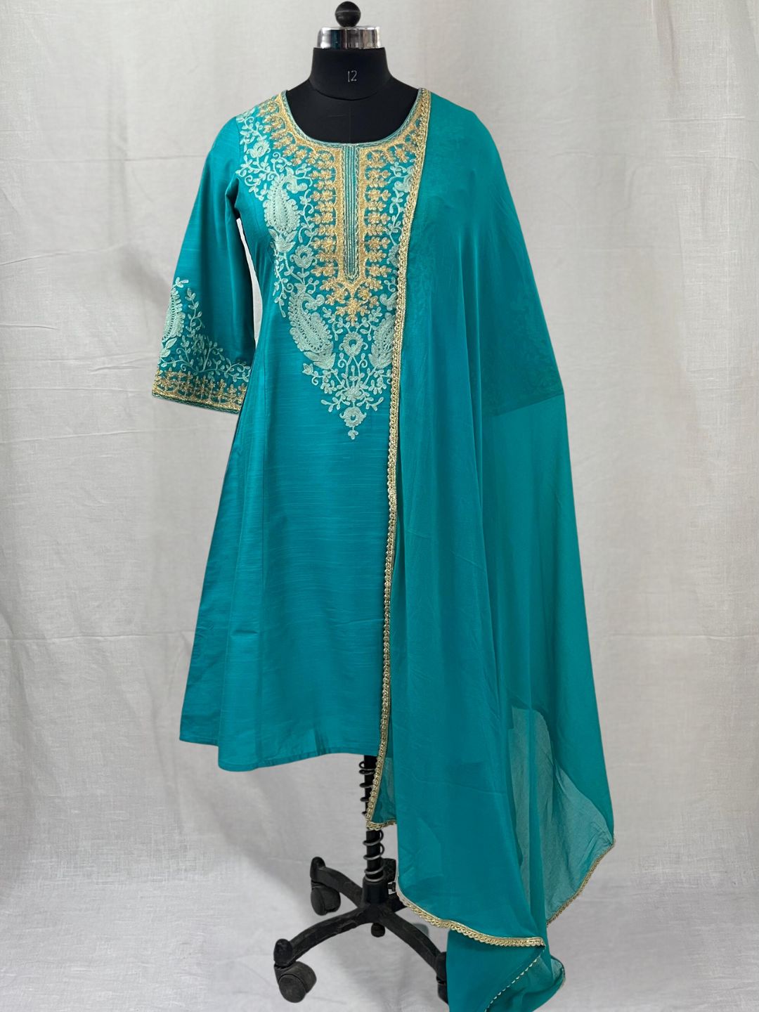 Turquoise Chiffon Dupatta with Lace