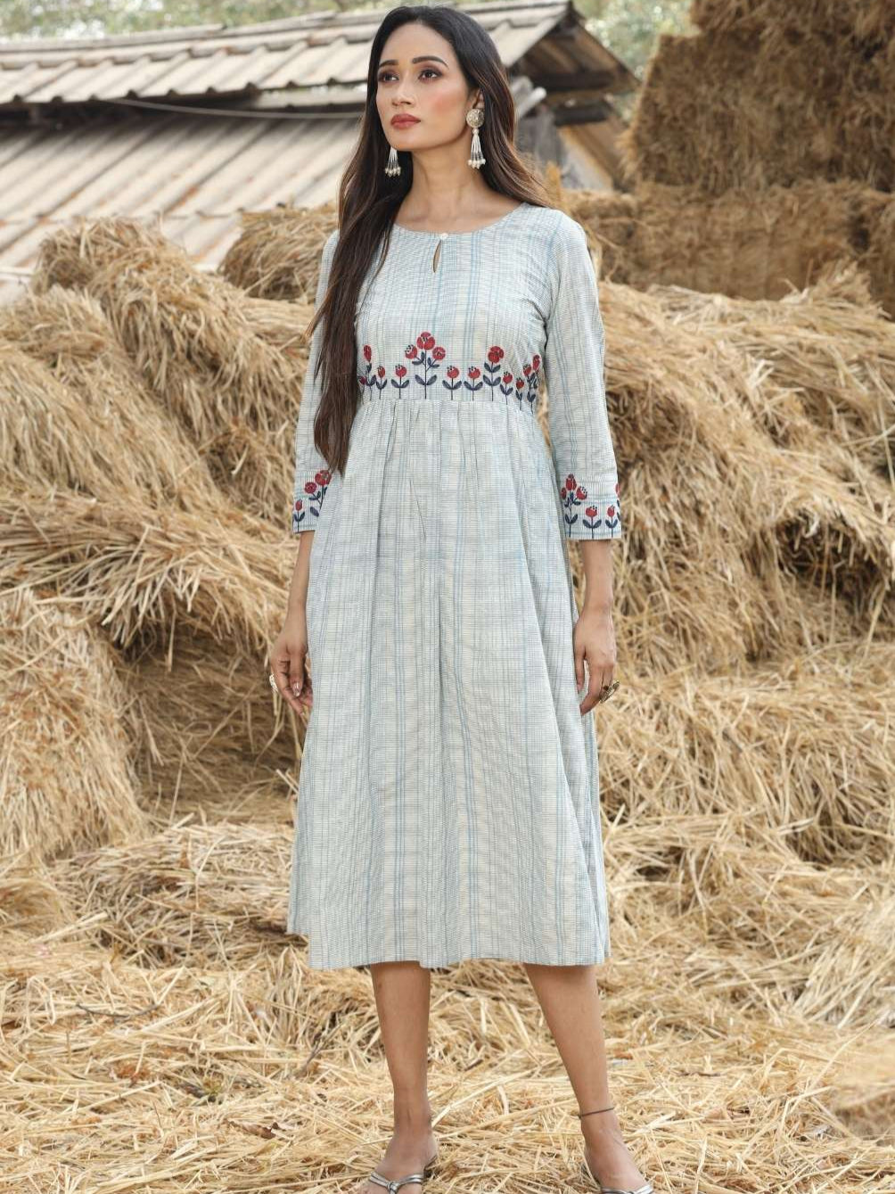 Blue Cotton Embroidered Dress with Micro Grid Print