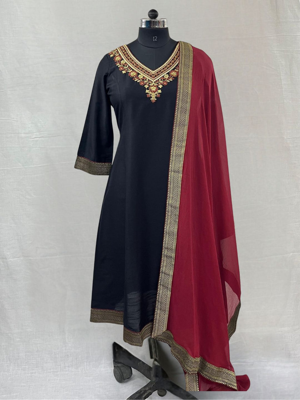 Maroon Chiffon Dupatta with Brocade Lace