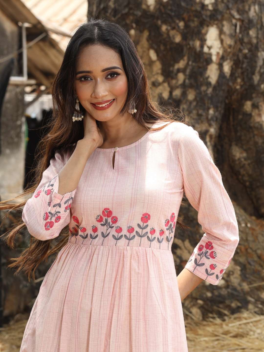 Pink Cotton Embroidered Dress with Micro Grid Print Saffron Threads Pink Cotton Embroidered Dress with Micro Grid Print Saffron Threads