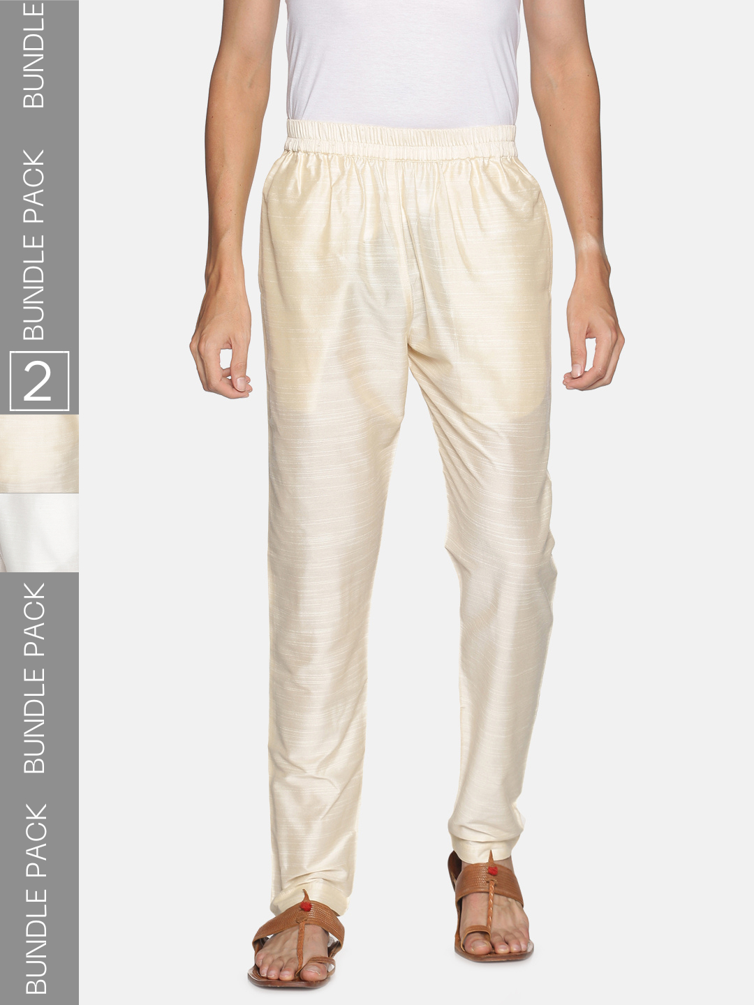 Pack of 2 White & Off White Art Silk Trousers with Drawstring