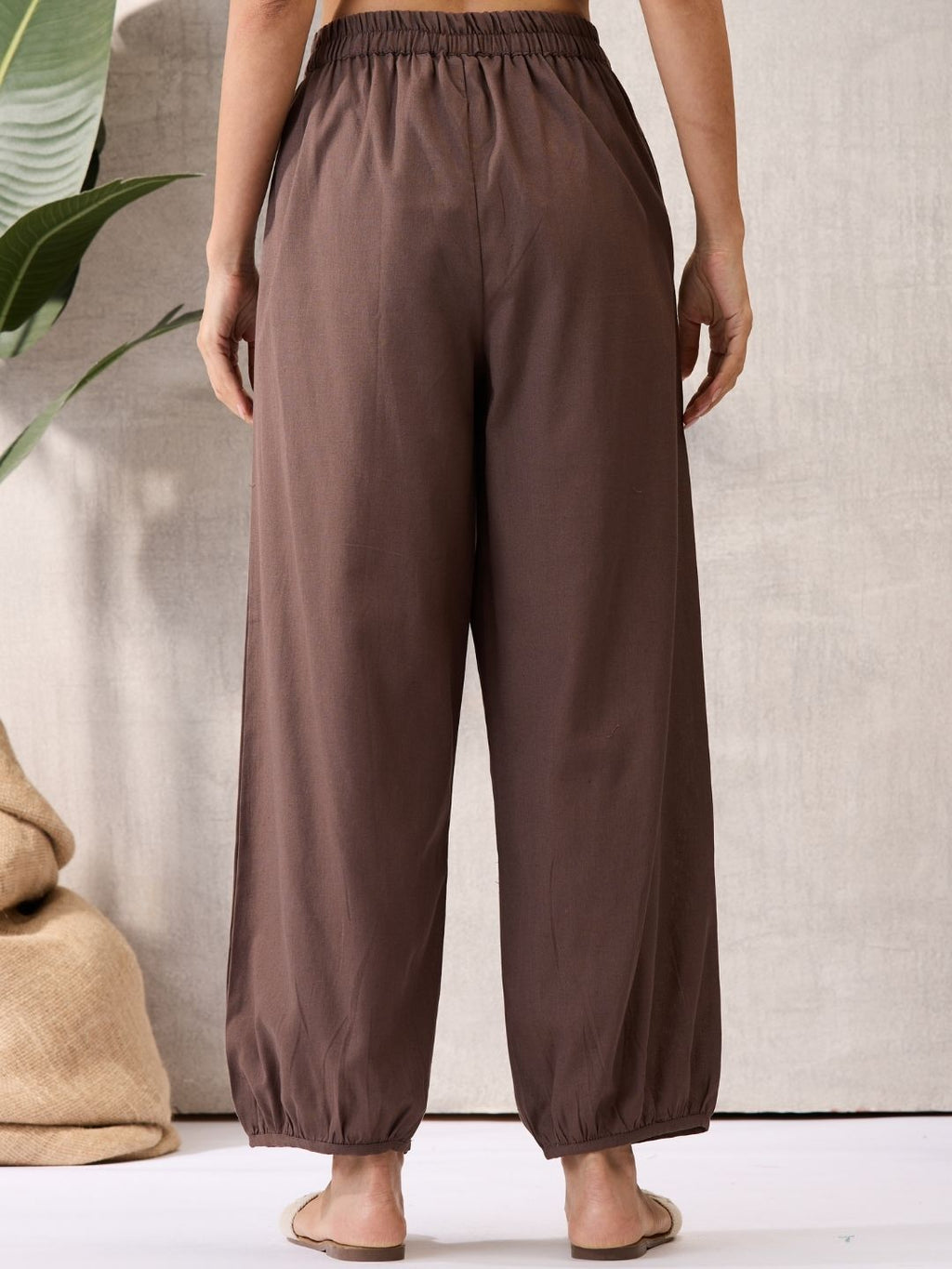 Brown Cotton Linen Piping Hem Palazzo with Pocket