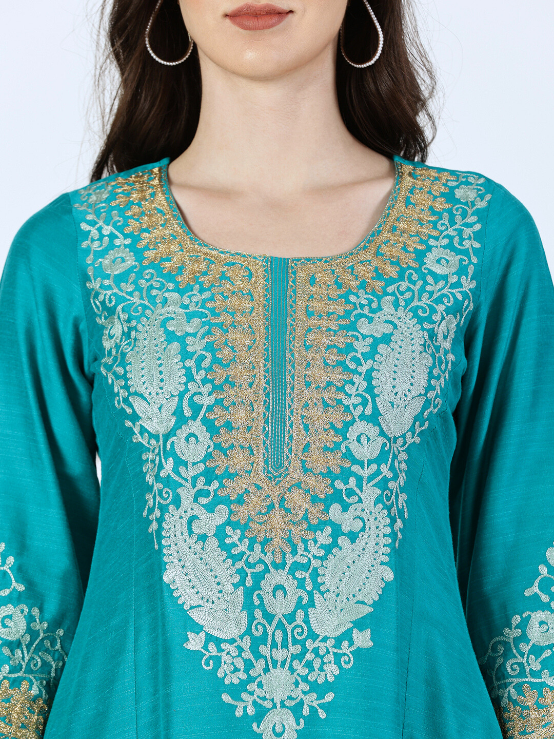 Turquoise Art Silk Embroidered Kurta and Palazzo Set