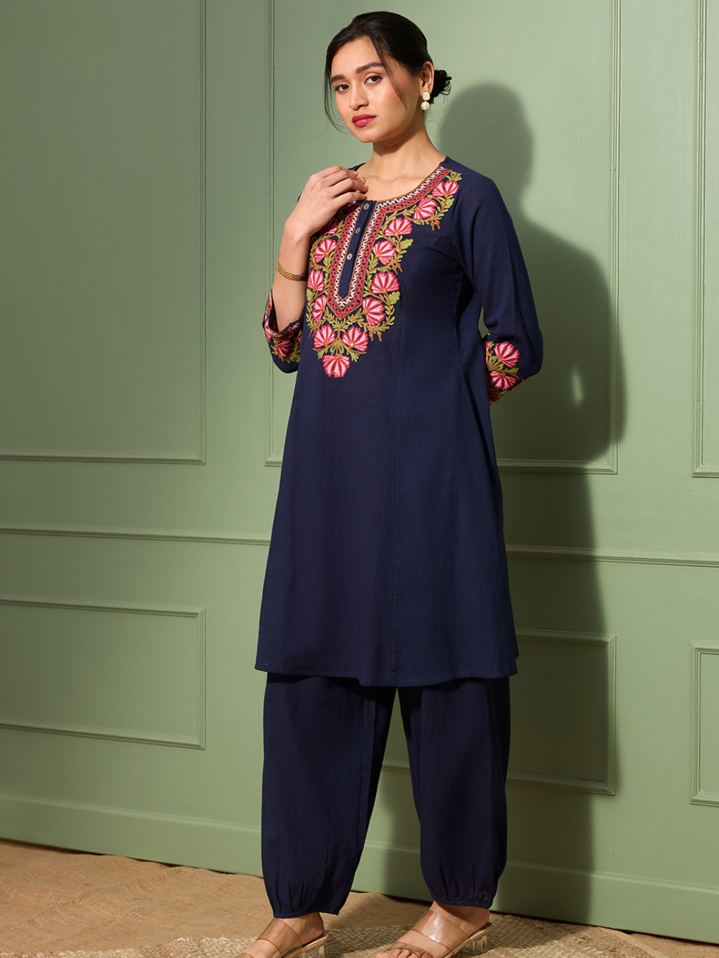 Deep Prussian Blue Kashida Embroidered A-Line Cotton Kurta Set with Afghani Salwar
