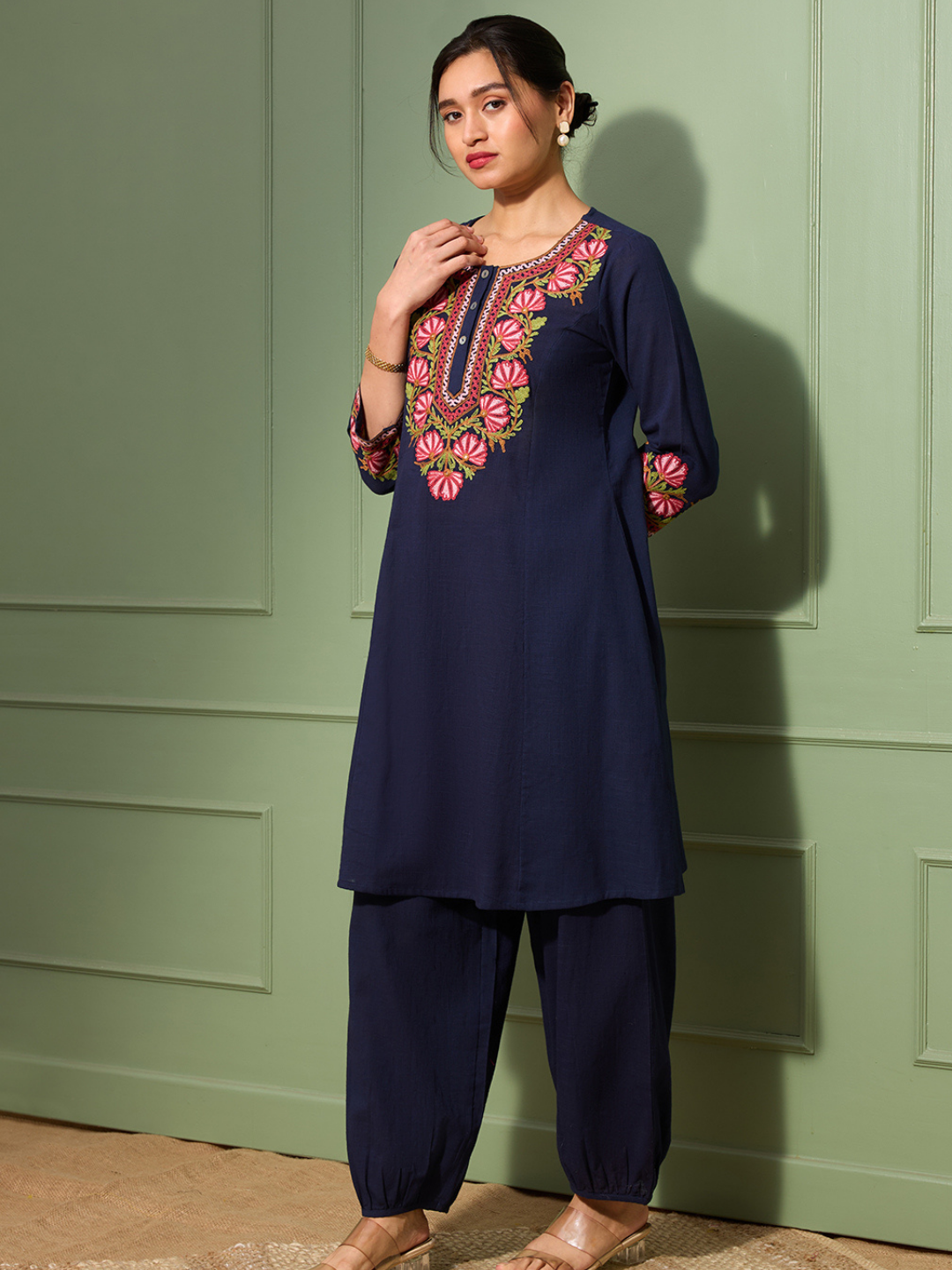 Deep Prussian Blue Kashida Embroidered A-Line Cotton Kurta Set with Afghani Salwar