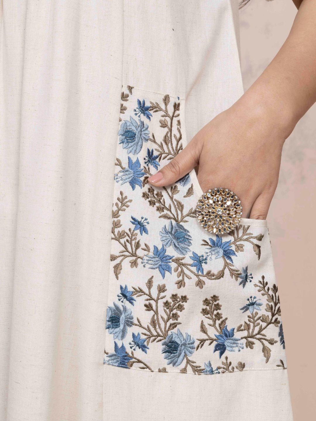 Natural Cotton Linen Dress A-Line with Parsi Gara Inspired Embroidery