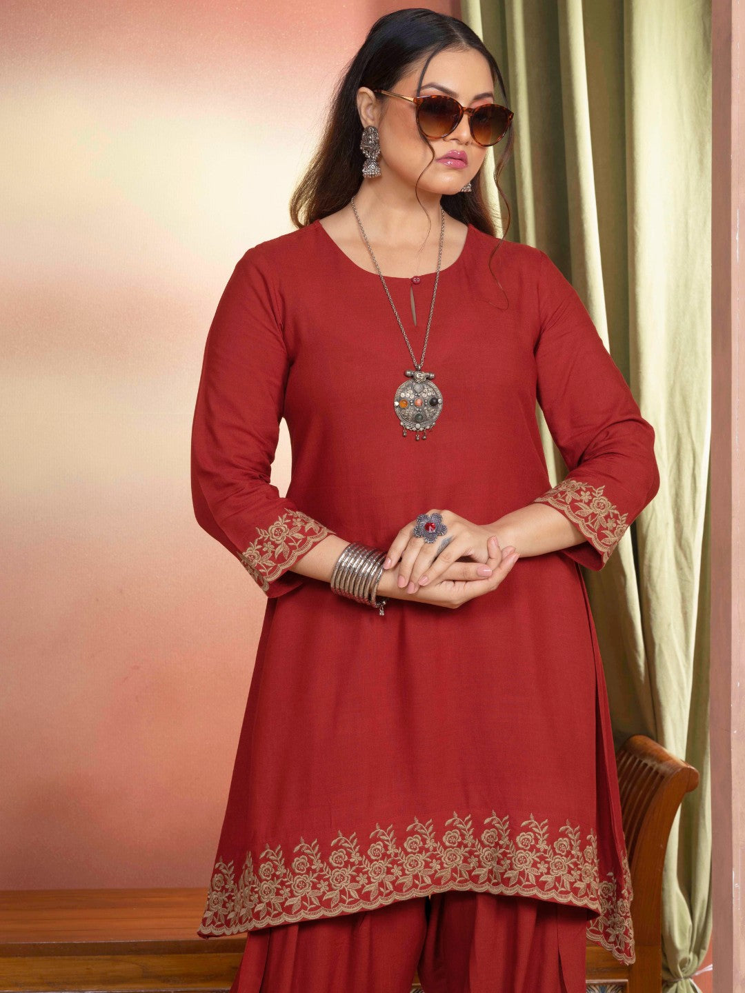 Terracotta Rust Embroidered A-Line Kurta with Farshi Salwar