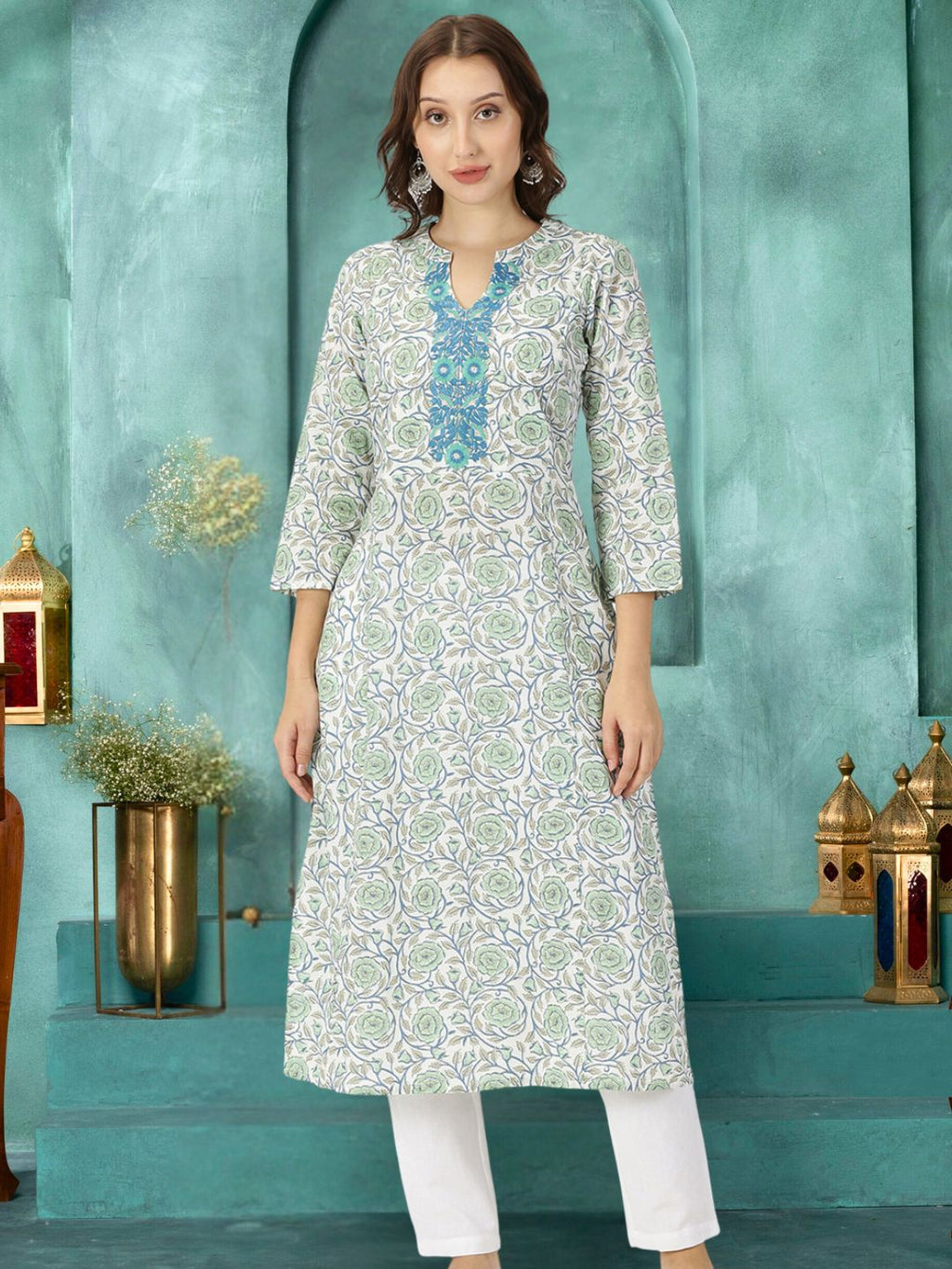 White-Green Floral Print Kurta with Neck Embroidery
