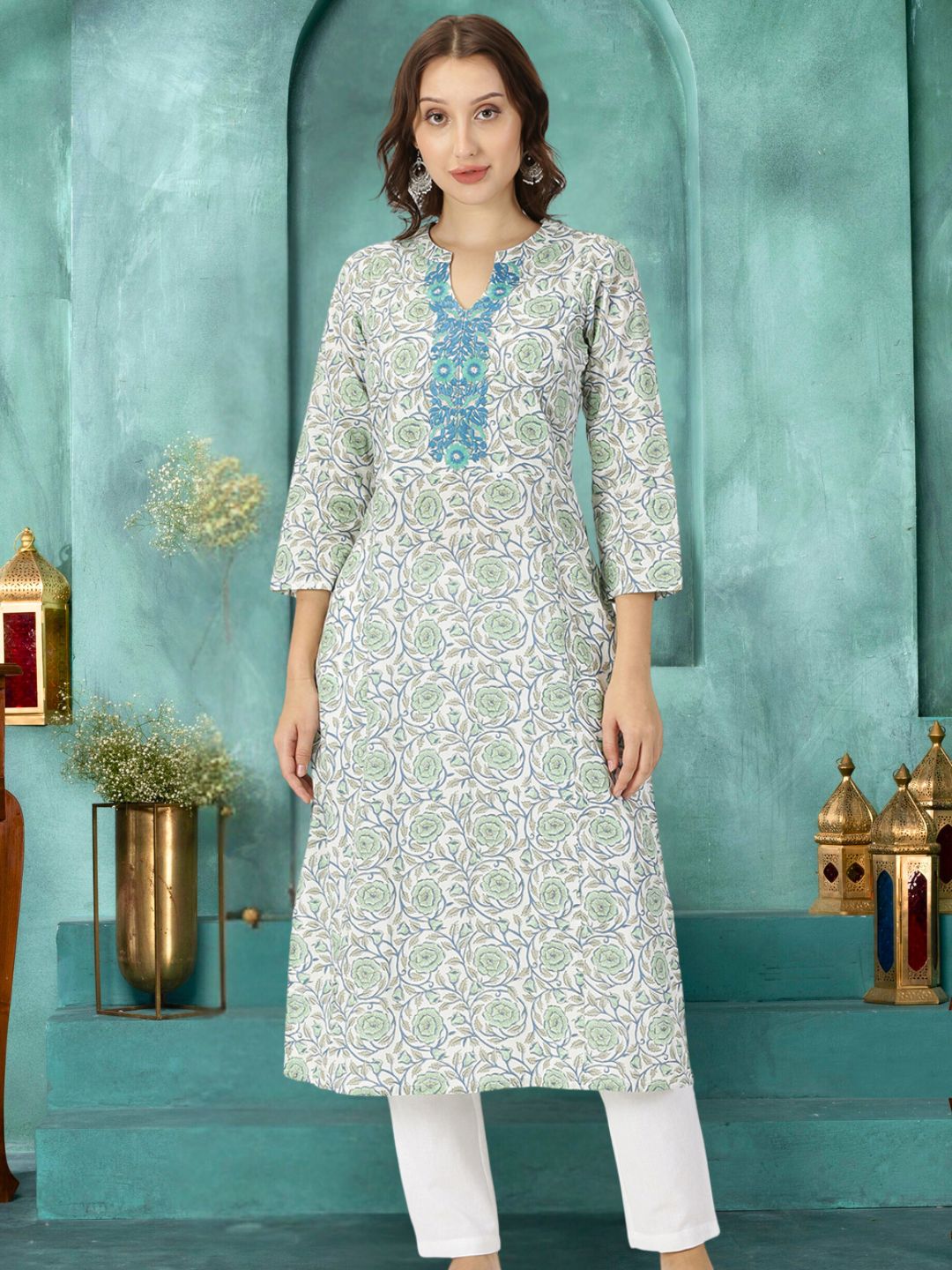 White-Green Floral Print Kurta with Neck Embroidery
