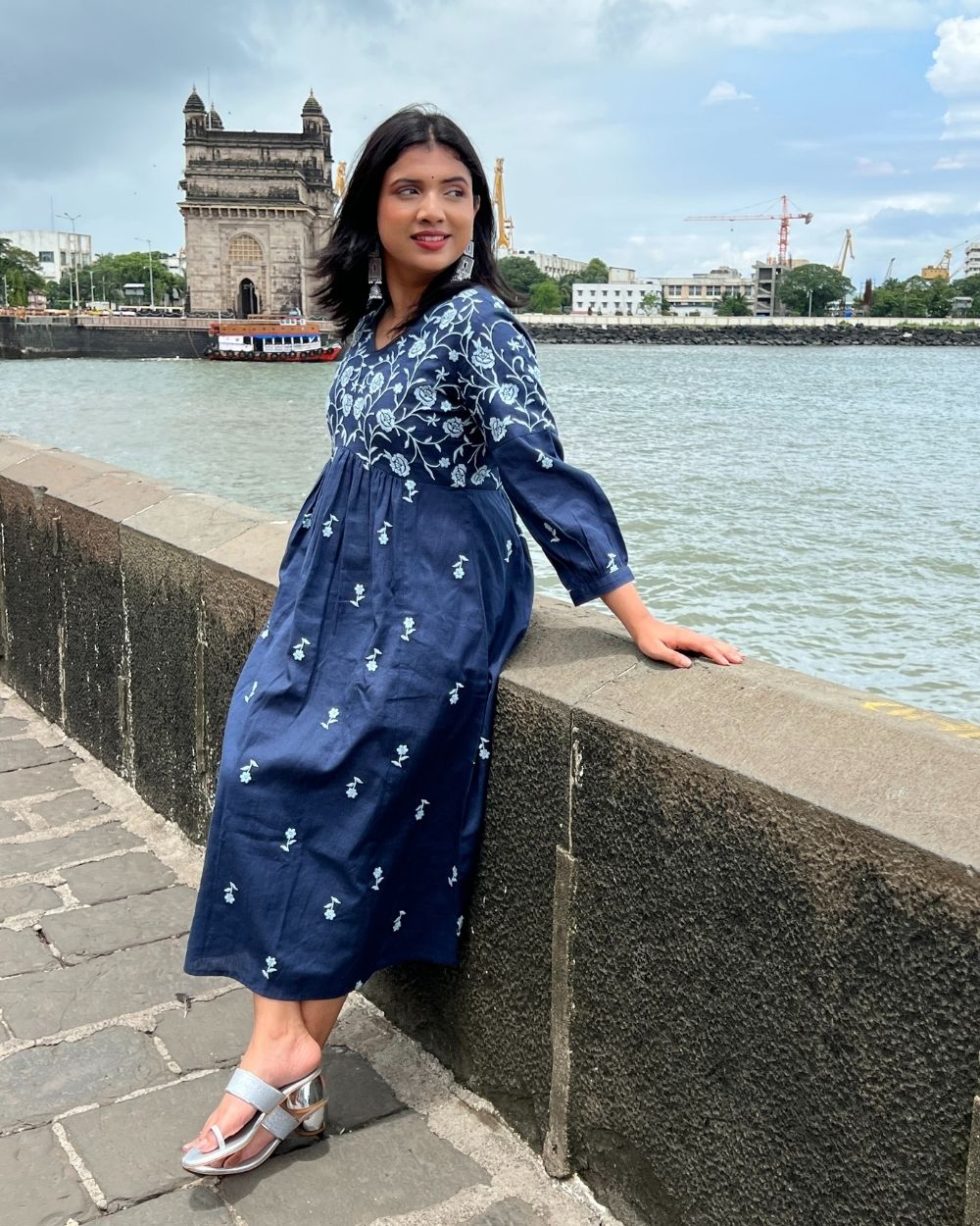 Navy Blue Boho Embroidered Midi Dress – Saffron Threads