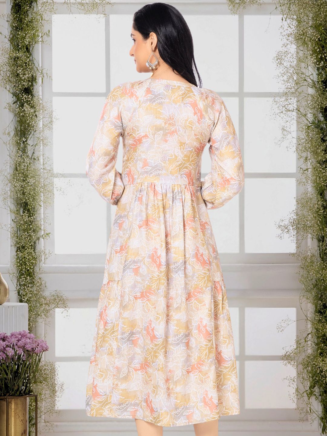 Moccasin Yellow Modernist Floral Midi Dress