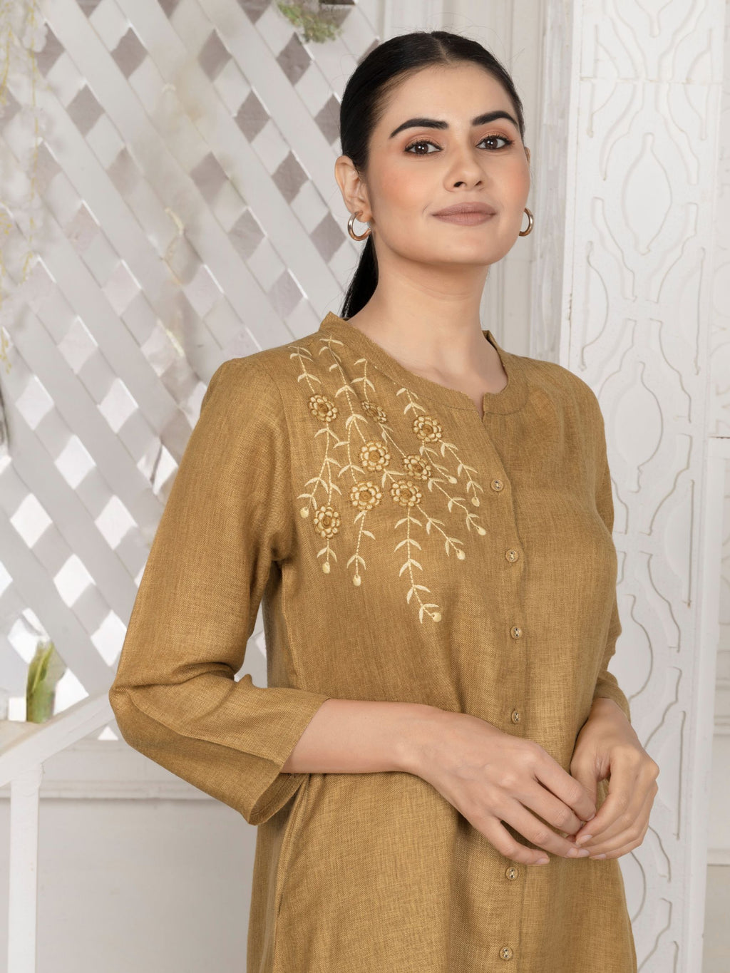Honey Mustard Vine-Trail Button-Down Kurta