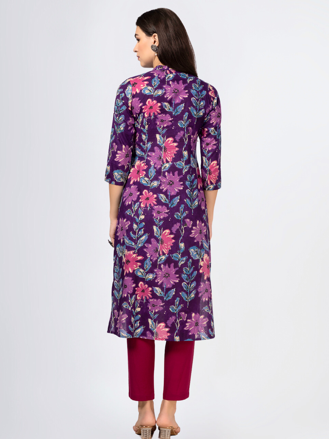 Purple Cotton Printed Kurta with Embroidered Neck and Mirror Work