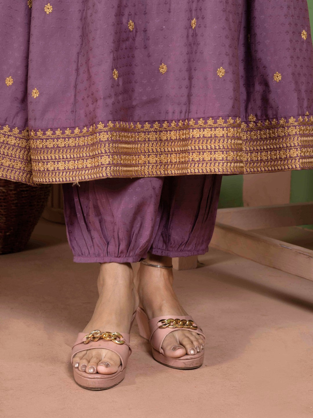 Dusty Plum Kashida Embroidered Fit and Flare Kurta with Salwar and Dupatta