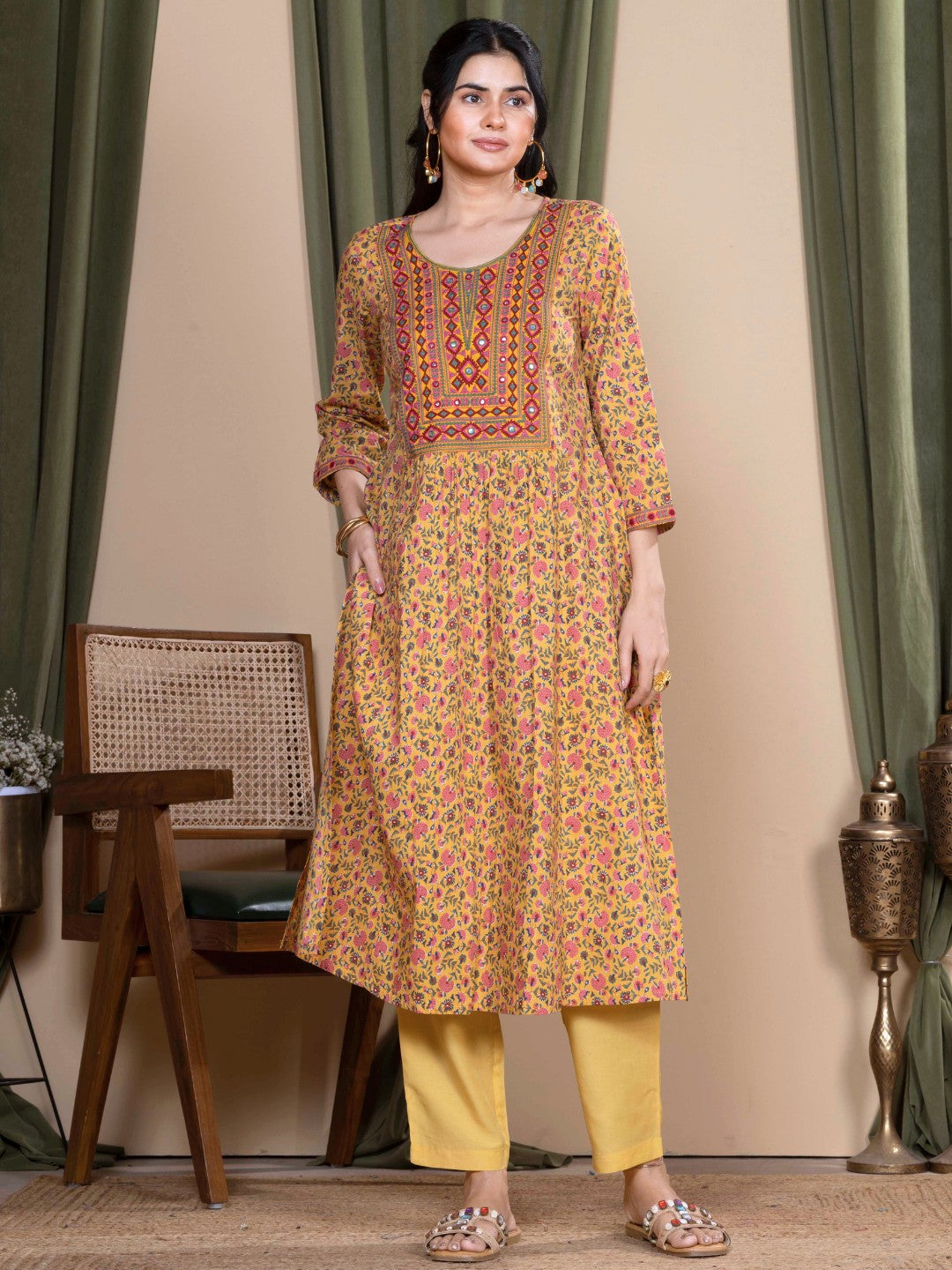 Marigold Ochre Sanganeri Print Kurta with Embroidered Yoke