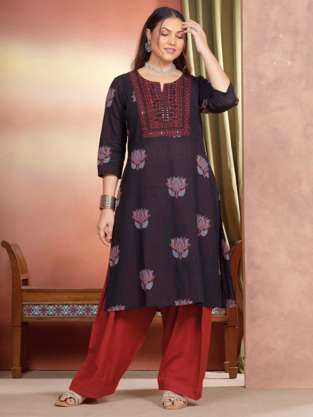 Midnight Black Cotton Motif Print Straight Kurta with Embroidered Neckline