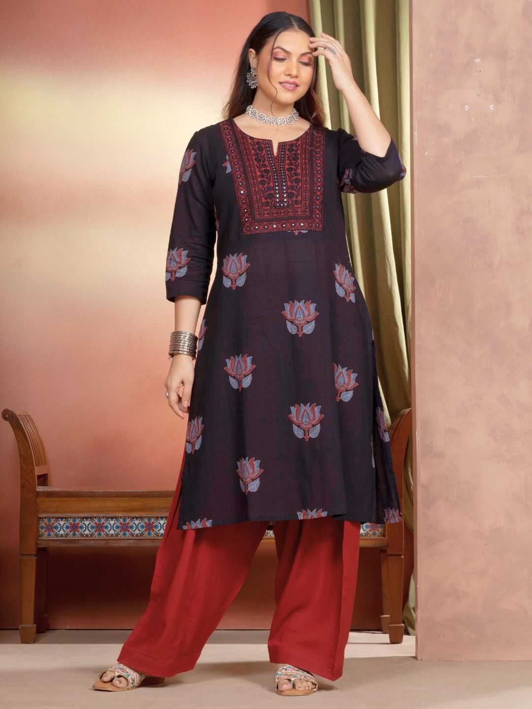 Midnight Black Cotton Motif Print Straight Kurta with Embroidered Neckline