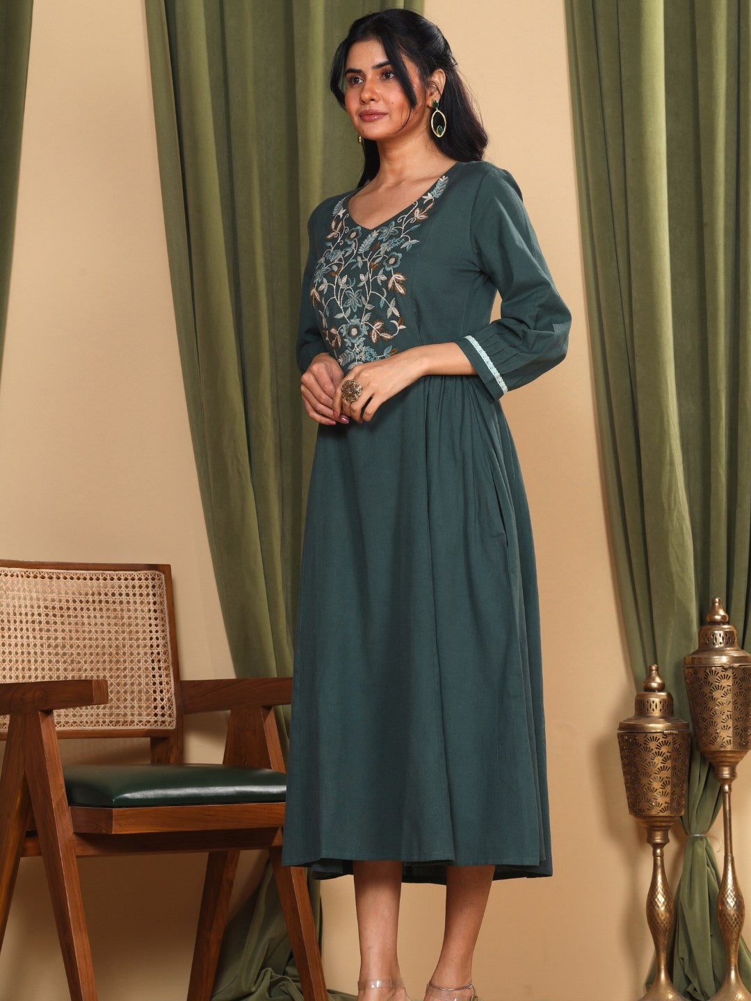 Hunter Green Embroidered Cotton-Linen Dress