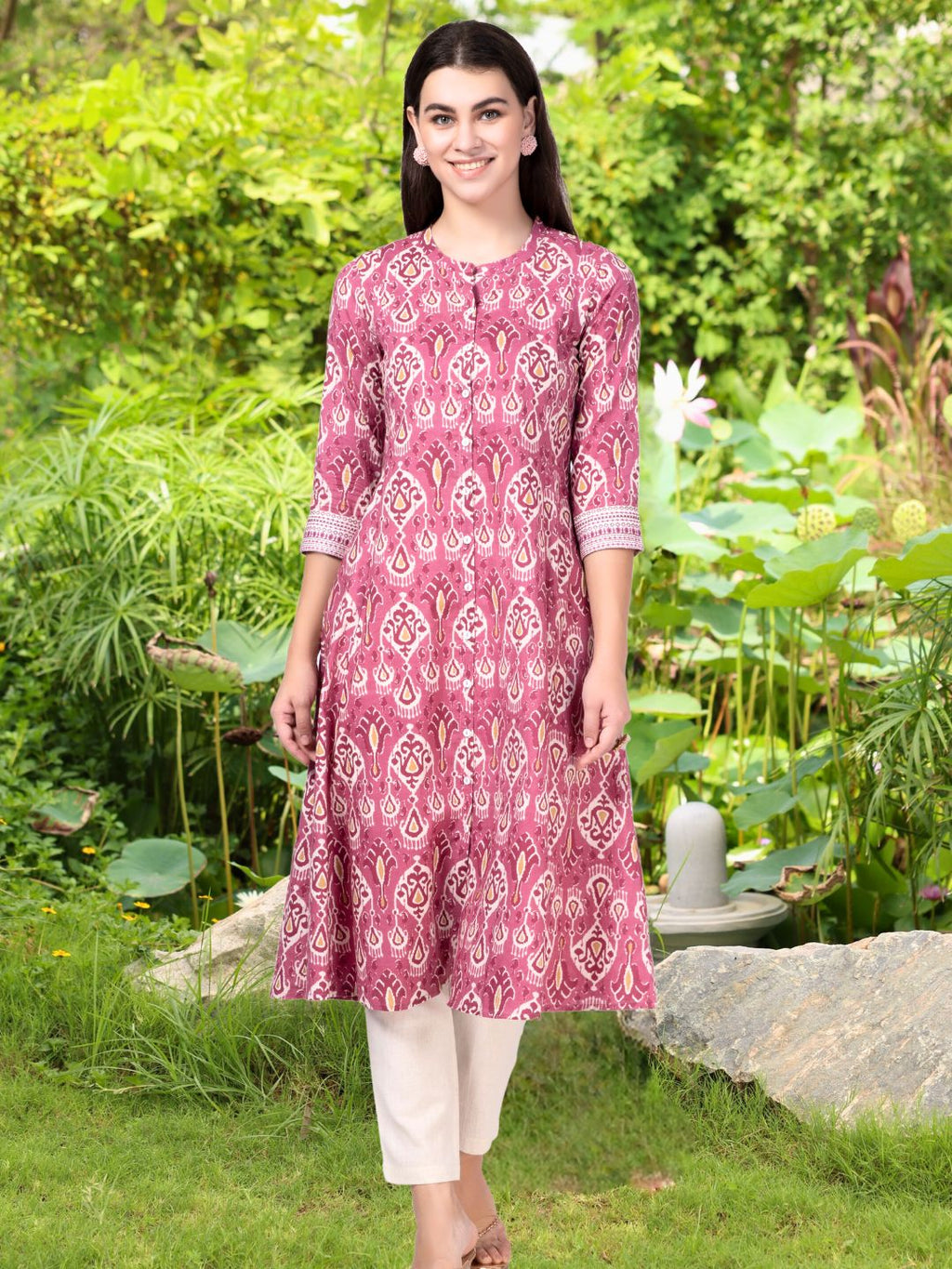 Pink Patola Print Button Down Cotton Kurta