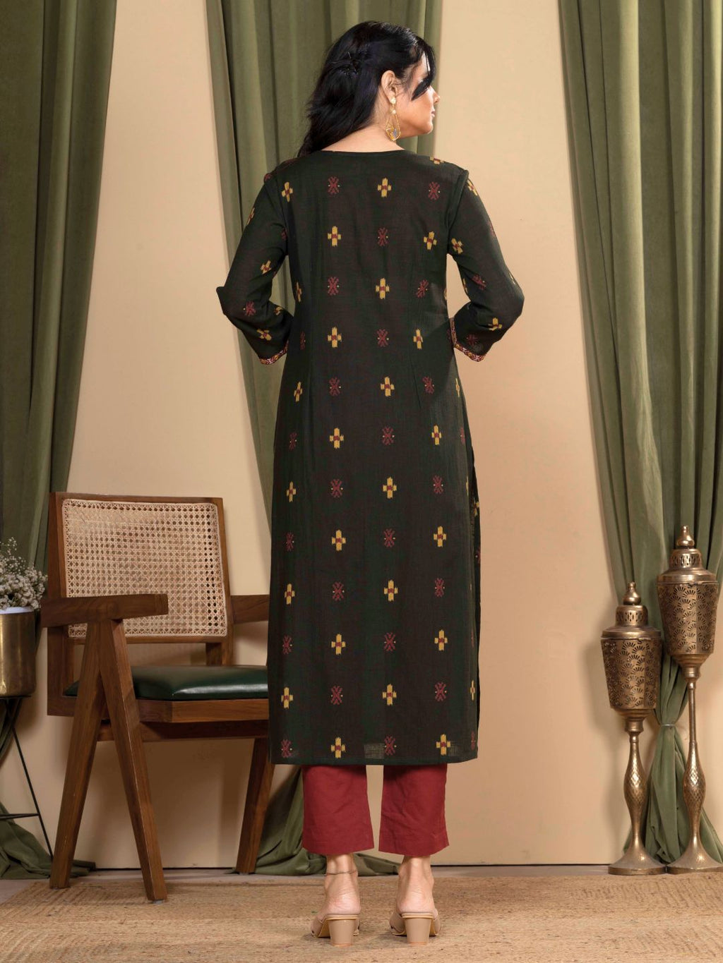 Forest Green Ikat Print Cotton Kurta with Embroidery