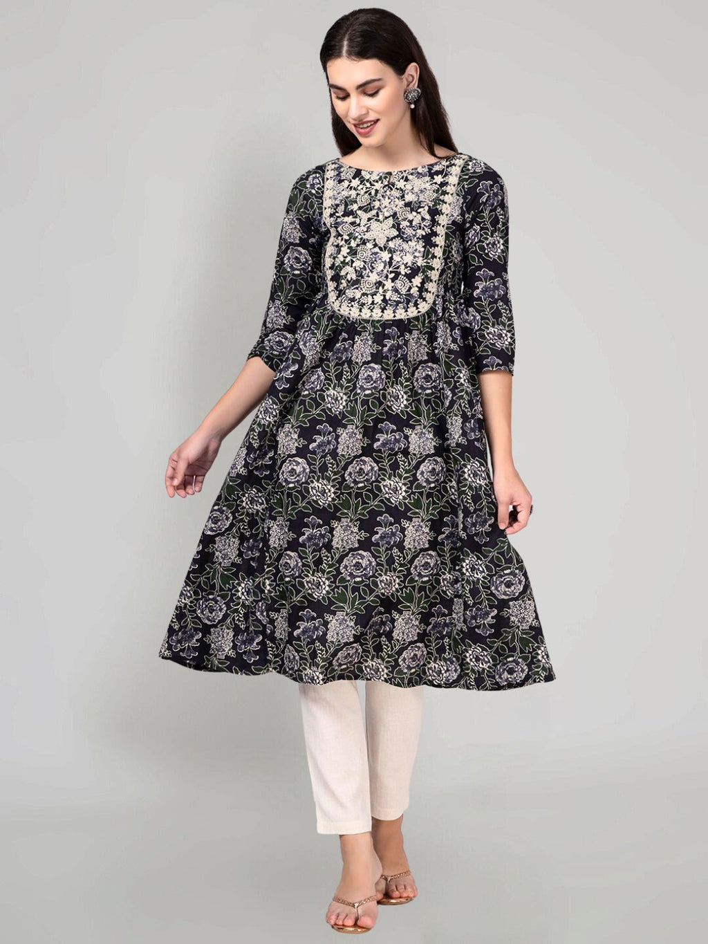 Black Floral Printed Kurta with Neck Embroidery