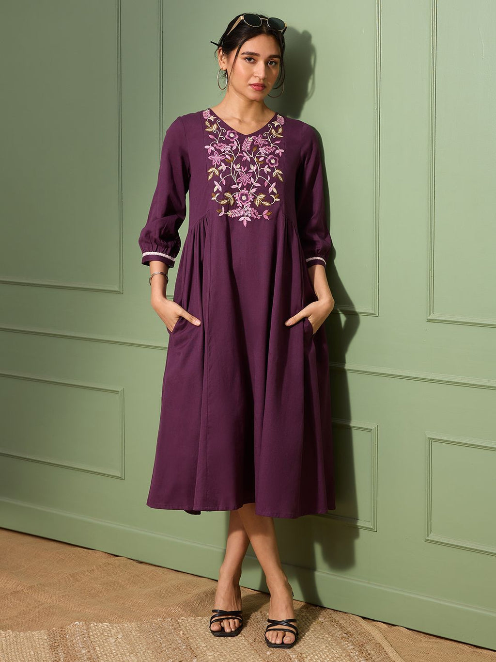 Aubergine Purple Embroidered Cotton-Linen Dress