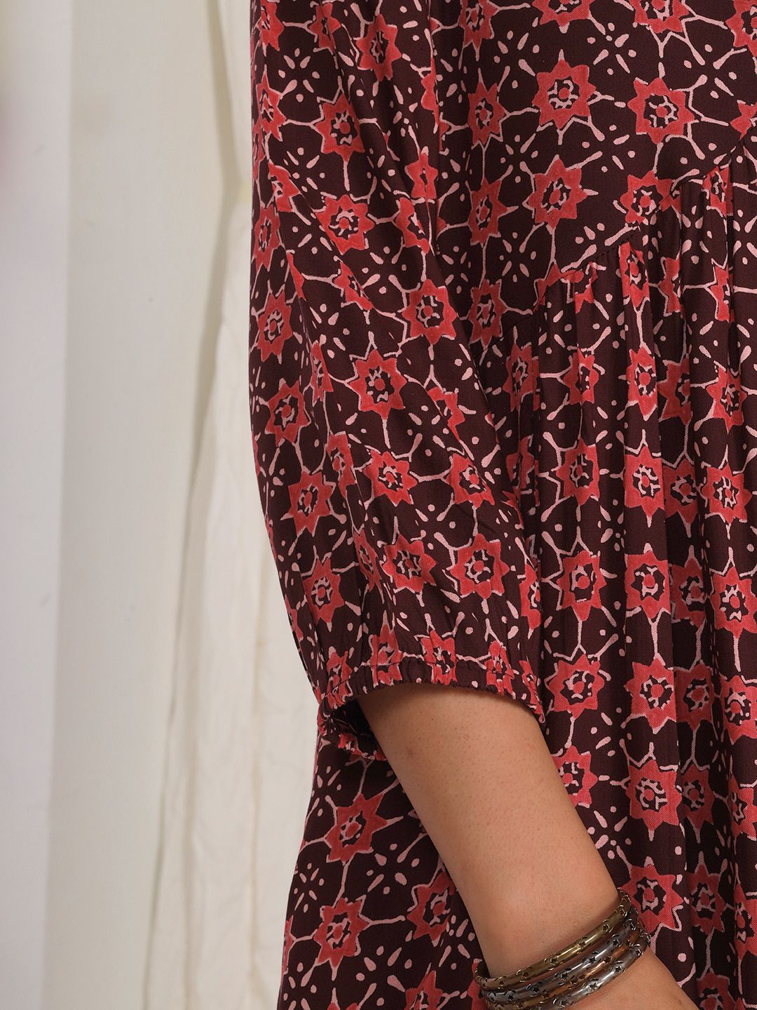 Wine Printed A-Line Dress with Embroidery and Pockets