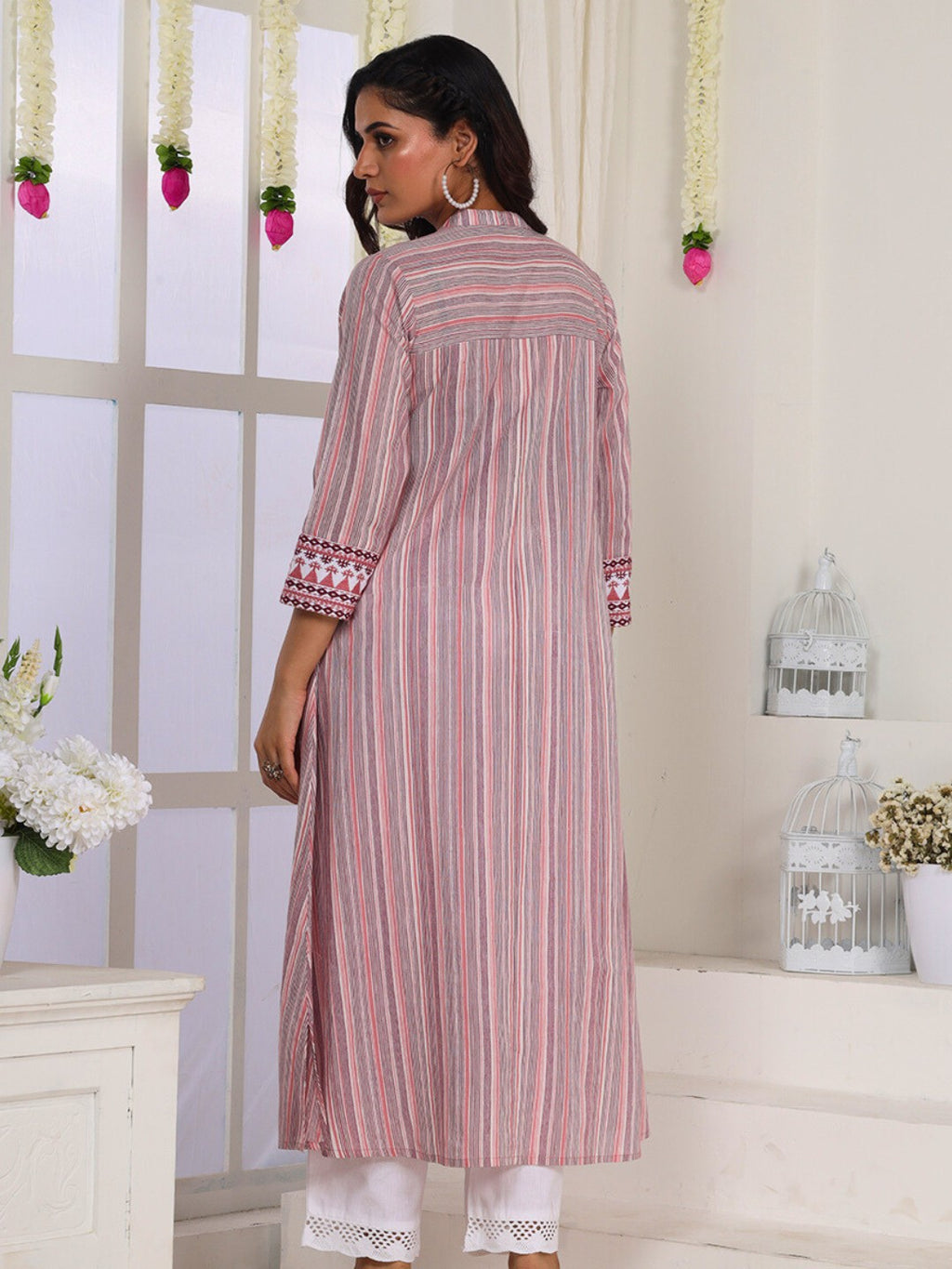 Blush Pink Striped Cotton Kurta for Women