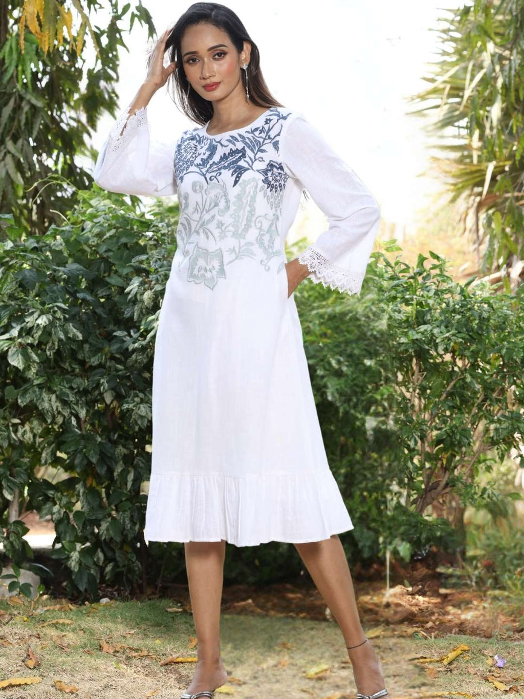 White Cotton Slub Embroidered Dress with Lace on Sleeves