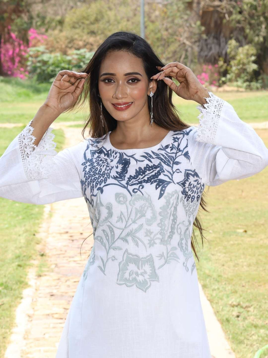 White Cotton Slub Embroidered Dress with Lace on Sleeves
