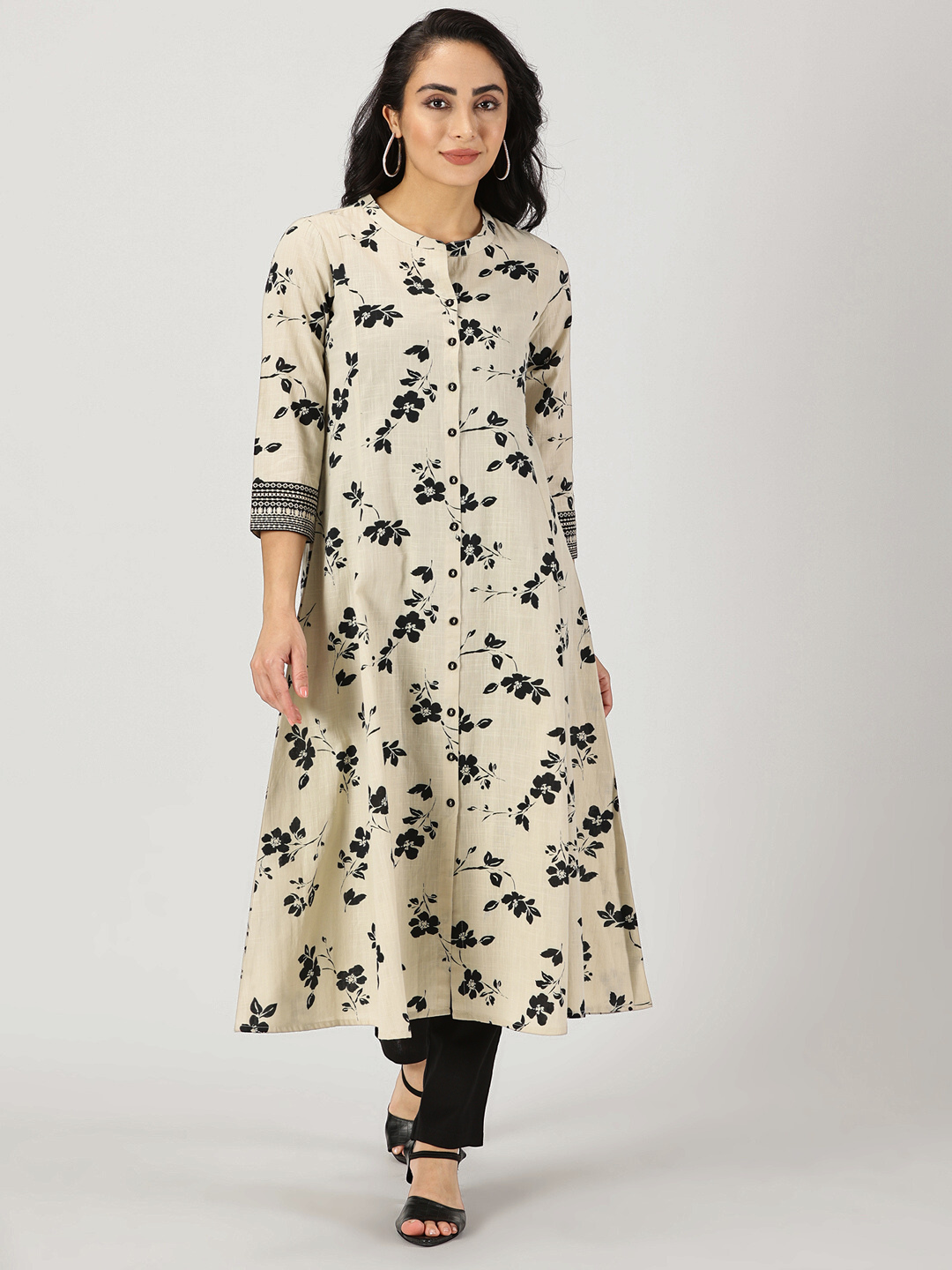 Beige Floral Button-Down Kurta with Embroidery Border