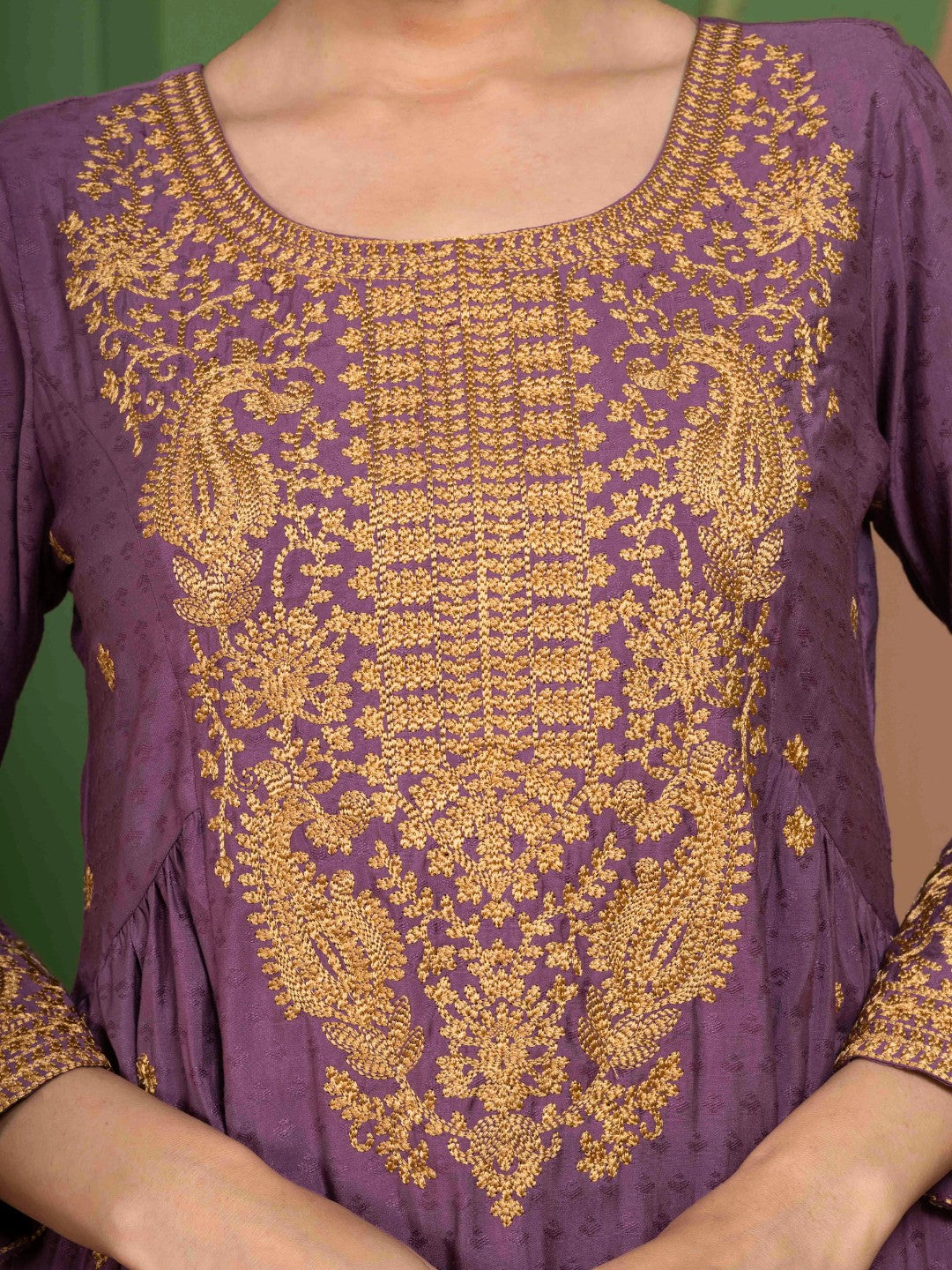 Dusty Plum Kashida Embroidered Fit and Flare Kurta with Salwar and Dupatta