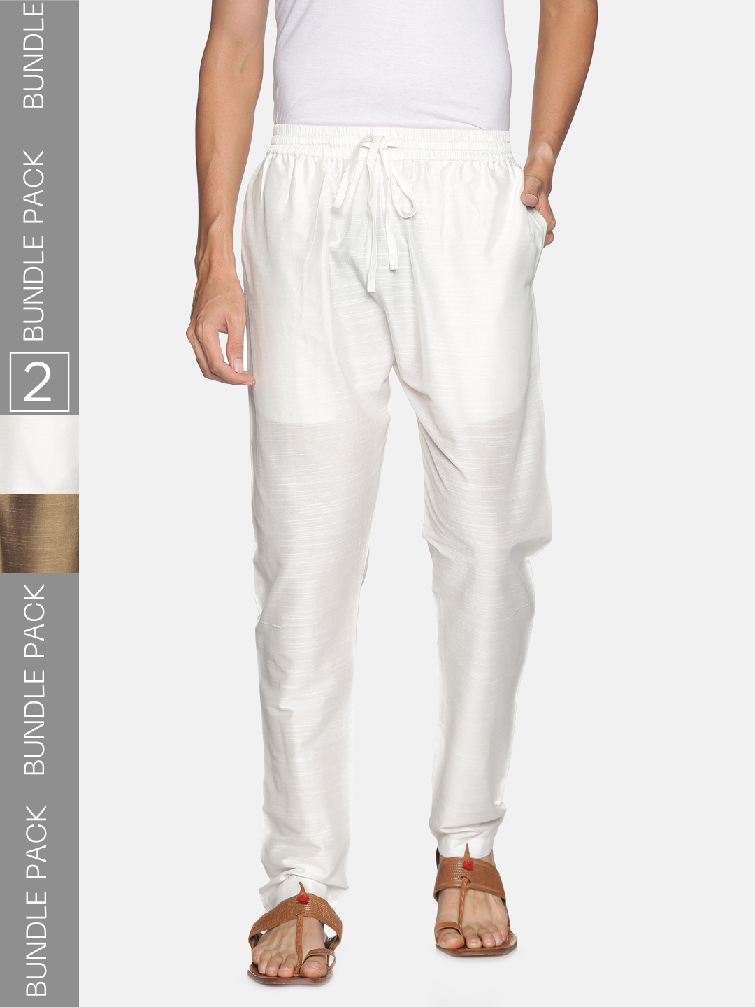 Pack of 2 White & Gold Art Silk Trousers with Drawstring