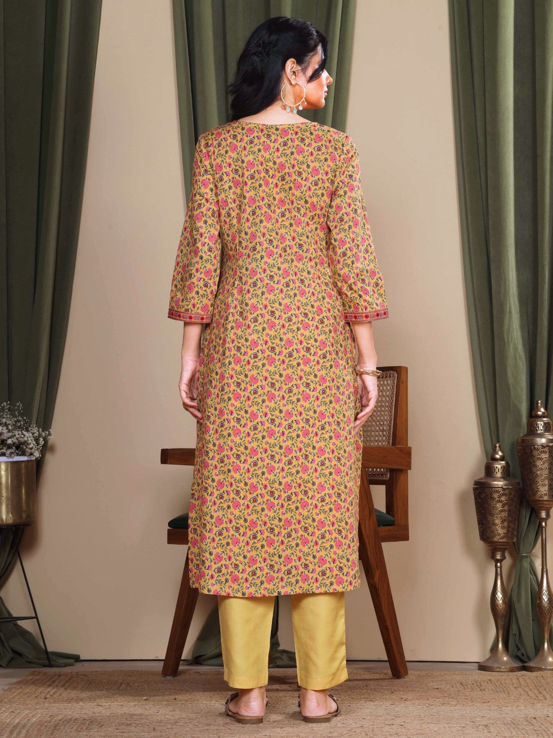 Marigold Ochre Sanganeri Print Kurta with Embroidered Yoke