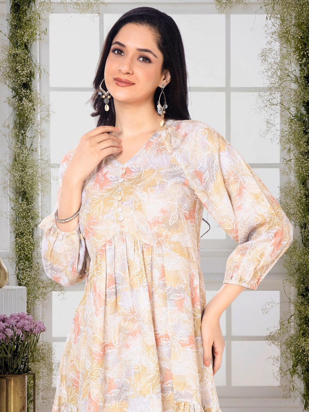 Moccasin Yellow Modernist Floral Midi Dress