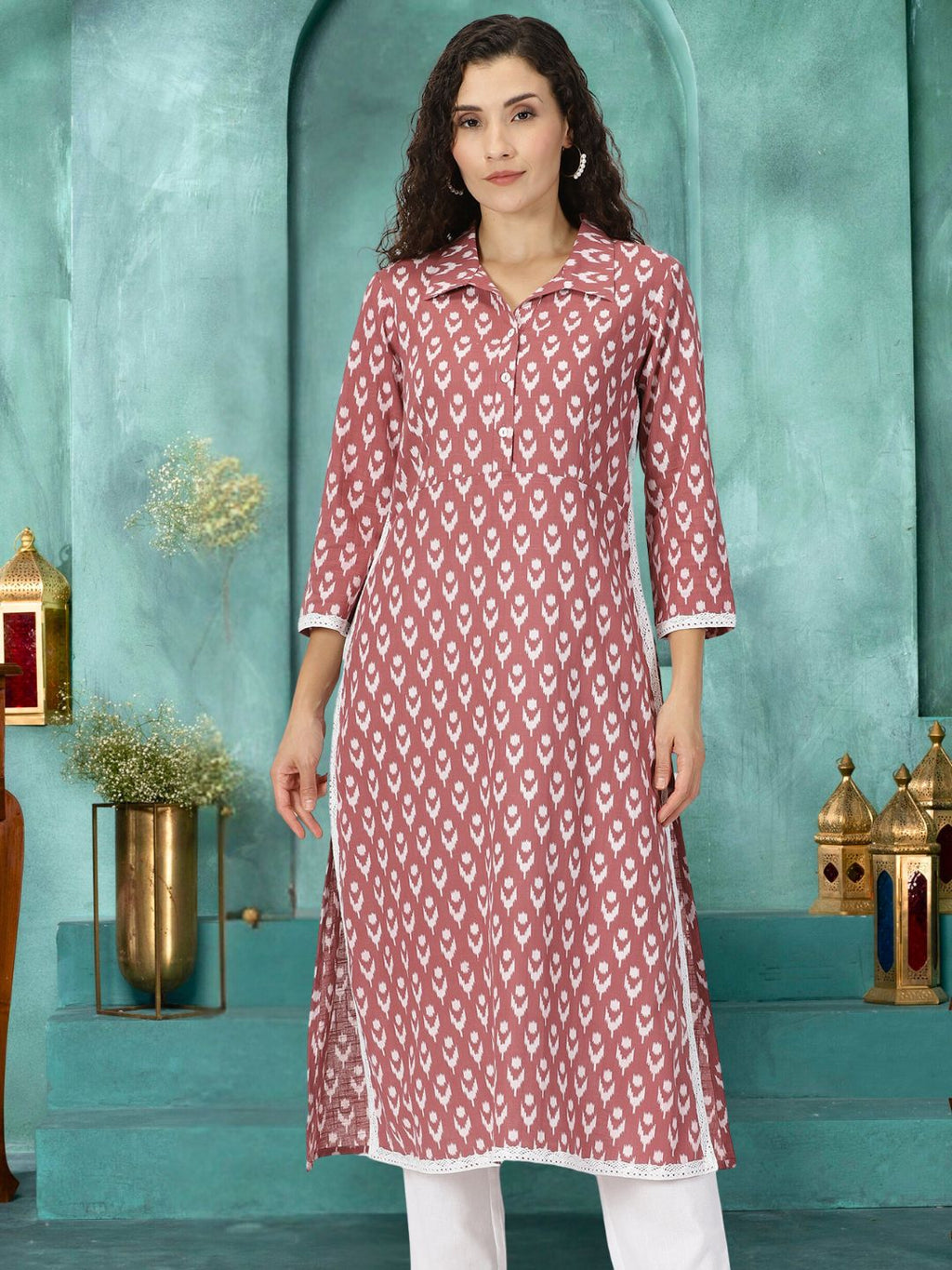 Rosewood Pink Ikat Print Shirt Collar Kurta