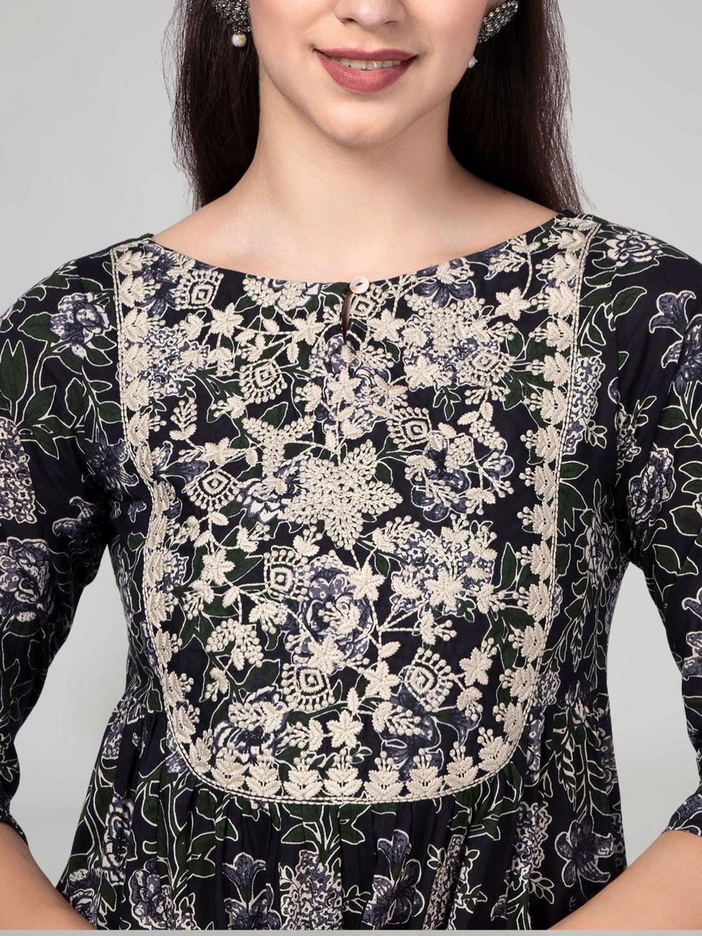 Black Floral Printed Kurta with Neck Embroidery