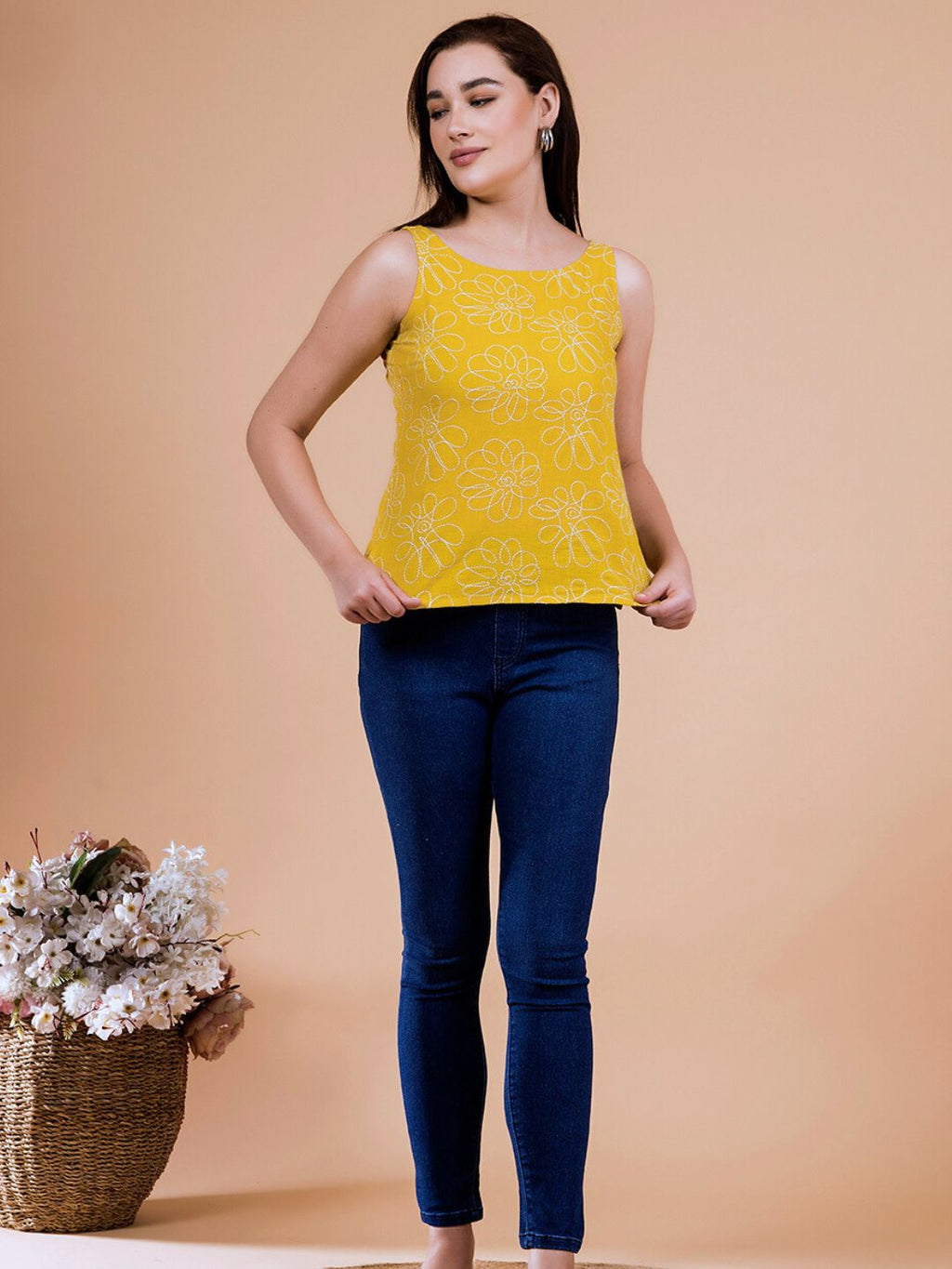 Tuscany Yellow Daisy Doodle Embroidered Top