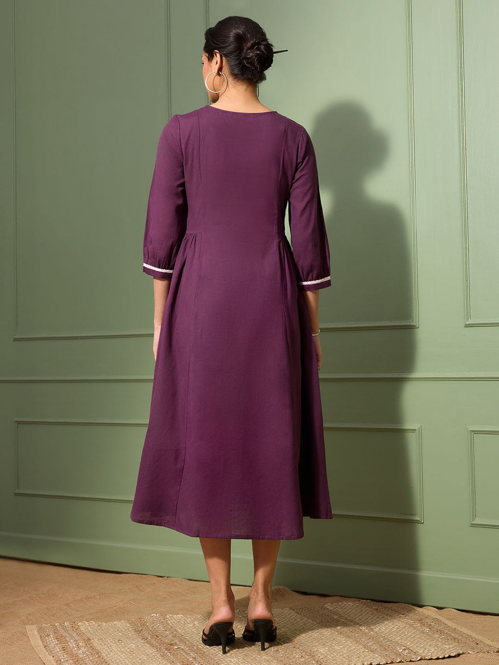 Aubergine Purple Embroidered Cotton-Linen Dress