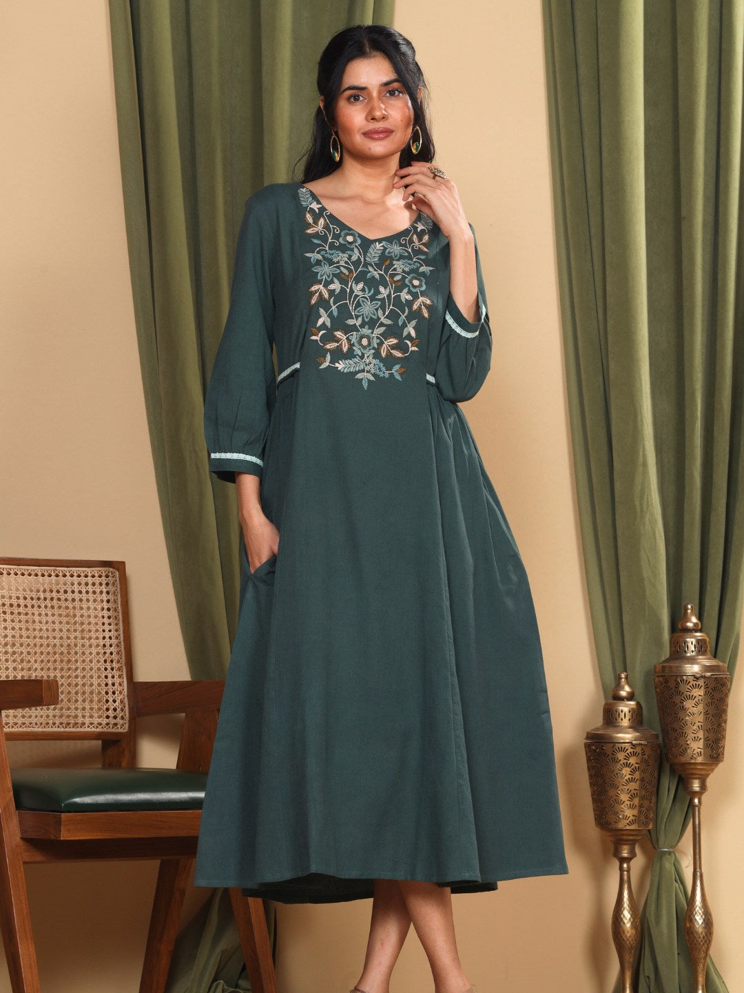 Hunter Green Embroidered Cotton-Linen Dress