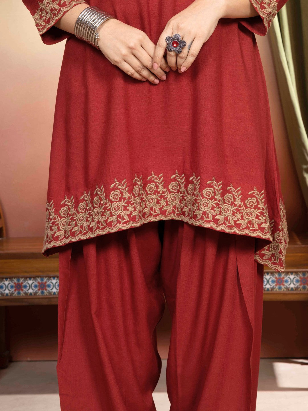 Terracotta Rust Embroidered A-Line Kurta with Farshi Salwar