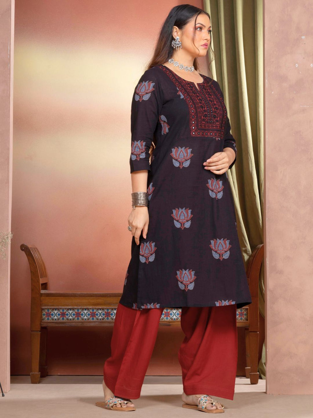 Midnight Black Cotton Motif Print Straight Kurta with Embroidered Neckline