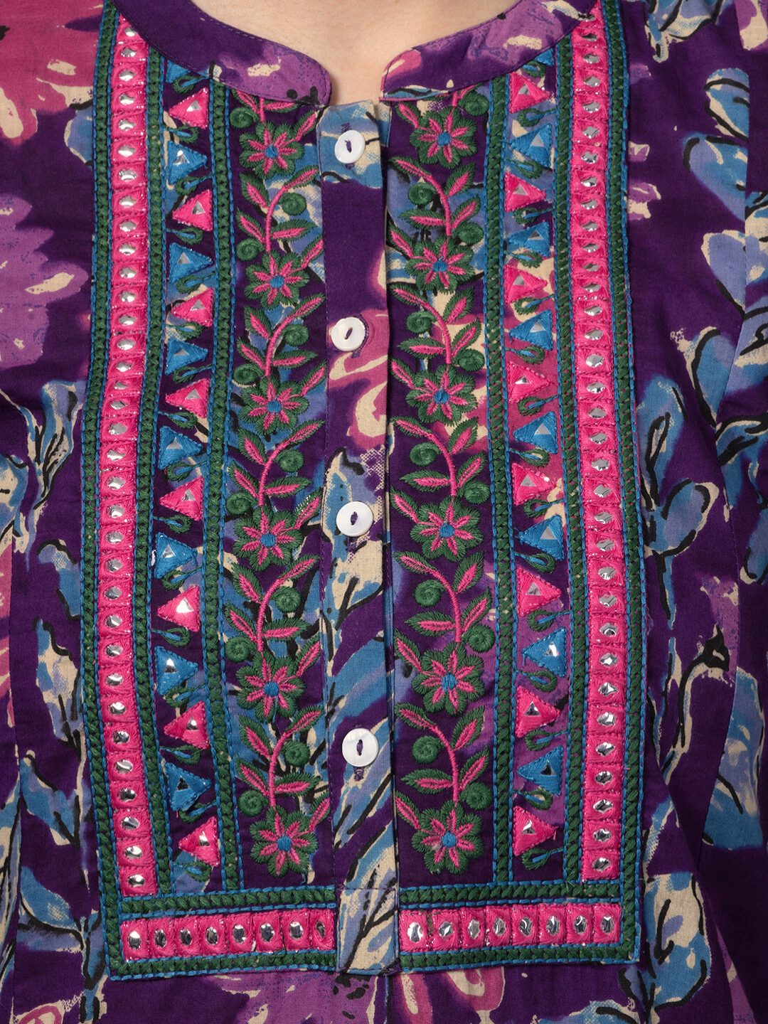 Purple Cotton Printed Kurta with Embroidered Neck and Mirror Work