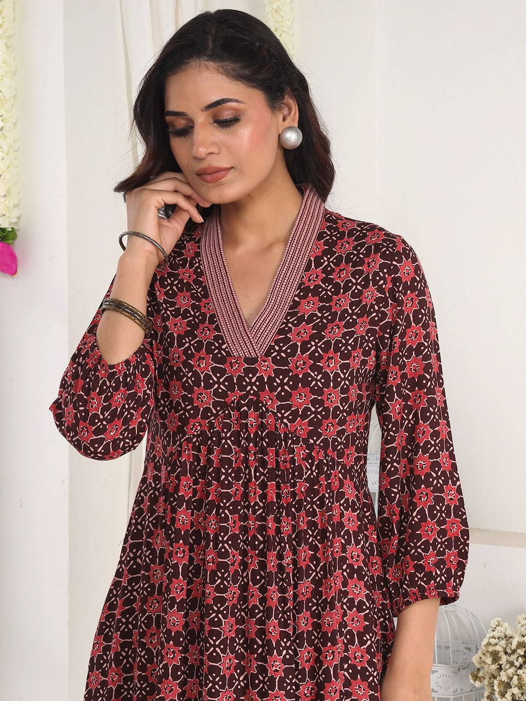 Wine Printed A-Line Dress with Embroidery and Pockets