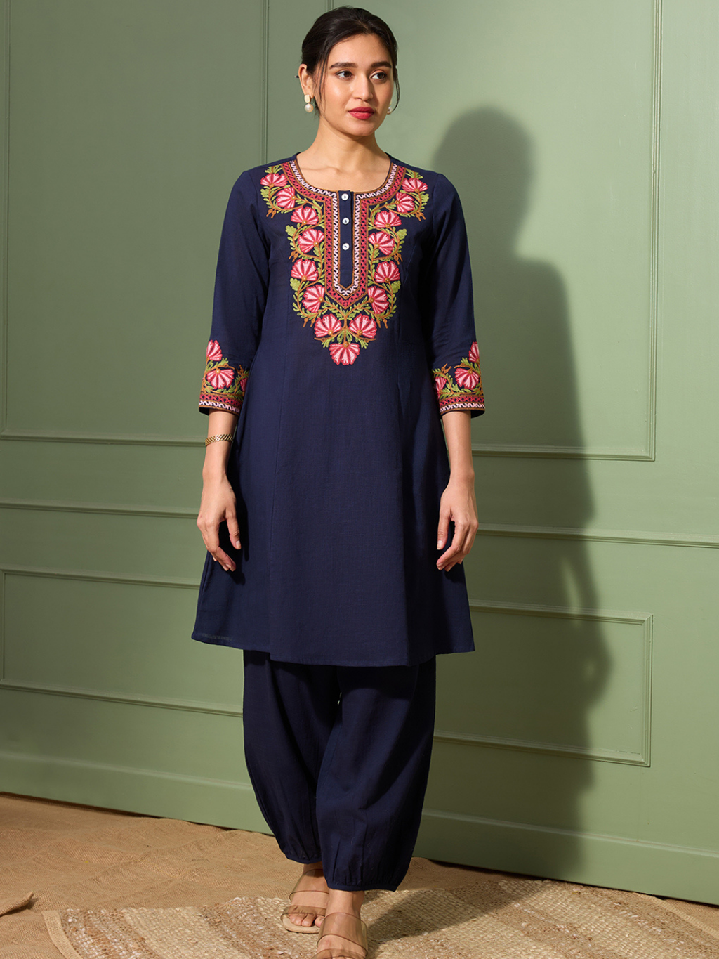 Deep Prussian Blue Kashida Embroidered A-Line Cotton Kurta Set with Afghani Salwar